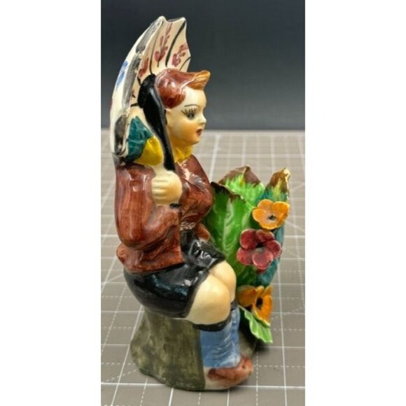 Numbered Italian Majolica Ceramic Child With Umbrella Planter Figure - Picture 2 of 6
